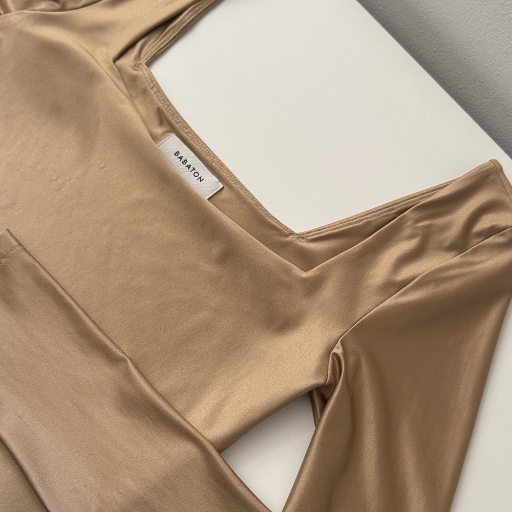 Babaton Satin-Look Square Neck Long Sleeve Top in Camel